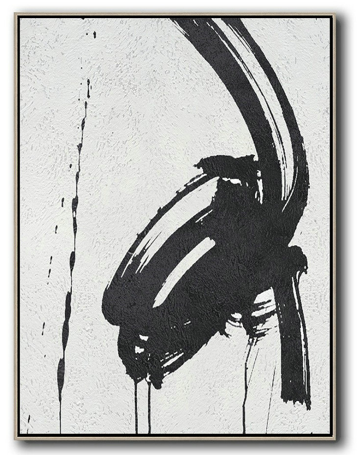 Handmade Large Contemporary Art,Black And White Minimal Painting On Canvas - Modern Wall Art